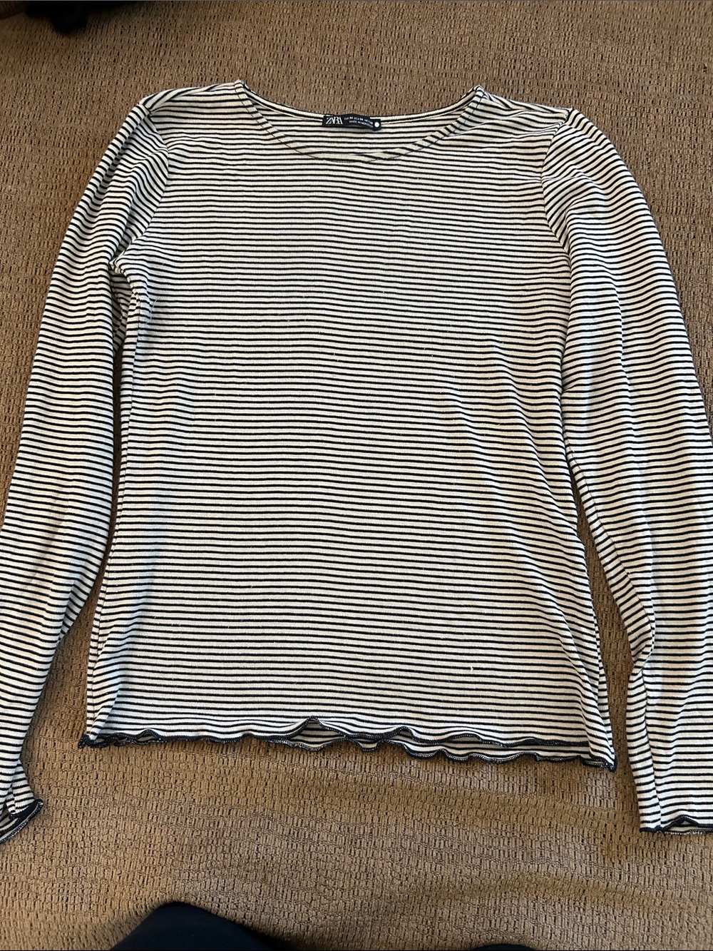 Zara Black & White Striped Long-Sleeve Boat Neck Top